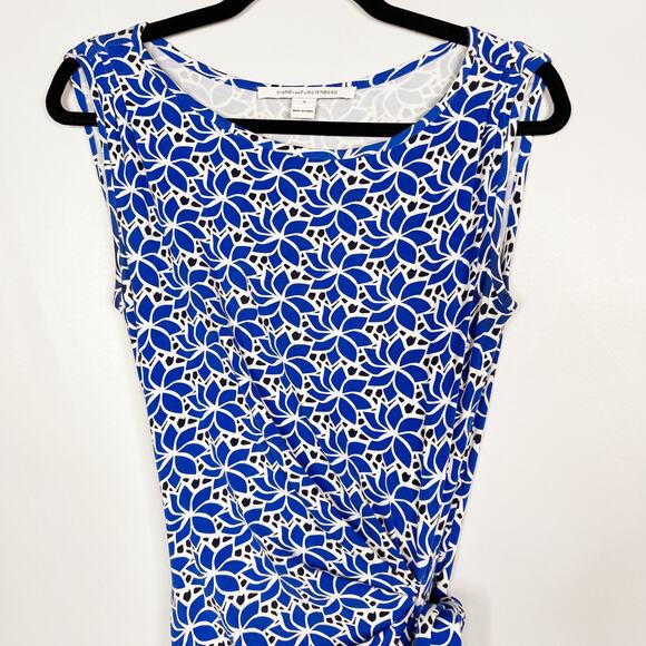 Diane Von Furstenberg Size 4 Blue Della Dress Blue Petals Print White Tie Waist - Picture 3 of 12